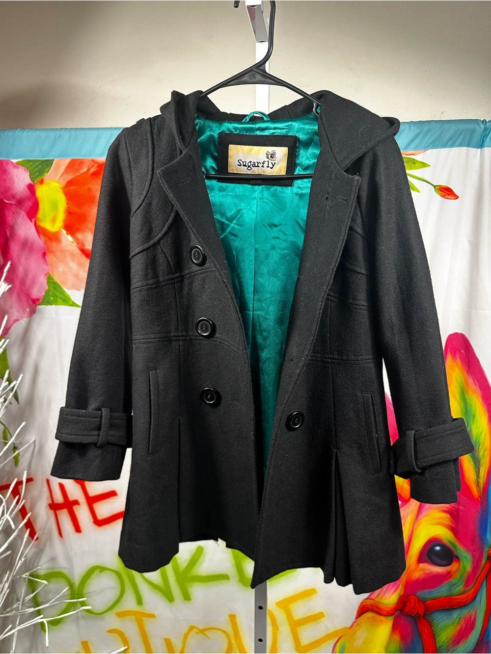 W6Sugarfly-  Black Hooded Wool-Blend Pea Coat with Teal Lining